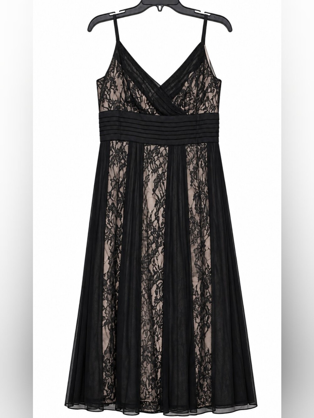 LOFT Black Lace Spaghetti Strap Evening Dress with Nude Lining
